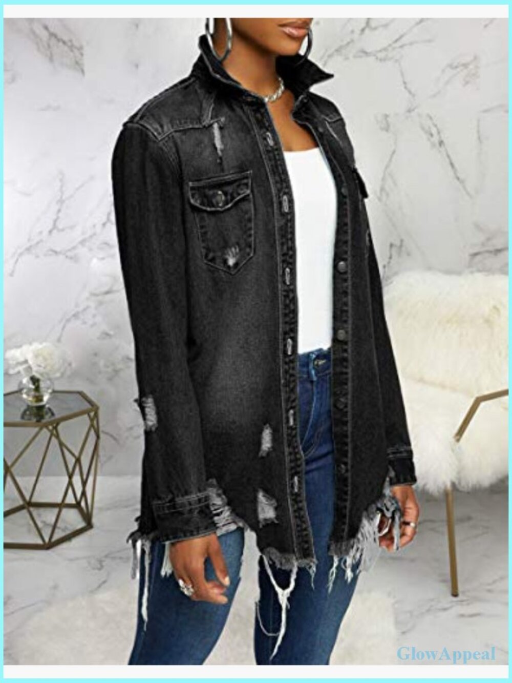 Classic Distressed Trucker Jean Jacket Long Sleeve Button Front - Picture 3 of 5